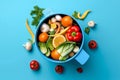 A blue bowl of vegetables with a blue lid and a red handle. AI generation Royalty Free Stock Photo