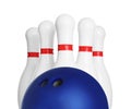 Blue bowling ball and pins on white background Royalty Free Stock Photo
