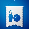 Blue Bowling pin and ball icon isolated on blue background. Sport equipment. White pennant template. Vector Royalty Free Stock Photo