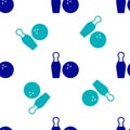 Blue Bowling pin and ball icon isolated seamless pattern on white background. Sport equipment. Vector Royalty Free Stock Photo
