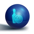 Blue Bowling pin and ball icon isolated on white background. Sport equipment. Blue circle button. Vector Illustration Royalty Free Stock Photo