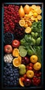 blue box filled with assorted nature fresh fruits and vegetables seen from above