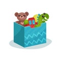 Blue box full of children toys. Brown teddy bear, green dinosaur, red car and rubber balls. Flat vector icon