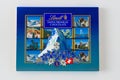 A blue box of Lindt chocolates. Swiss premium chocolate. Souvenir gift box. Classic sweet food.