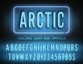 Blue box neon font with numbers on brick wall background. Vector arctic night light box sign