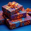 Blue boxes, gifts with red decorations, orange ribbons on a navy blue background. Gifts as a day symbol of present and Royalty Free Stock Photo