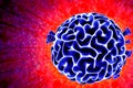 Blue brain ball on red background with protruding coronavirus proteins