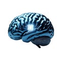 A blue brain features a glowing microchip embedded on its surface
