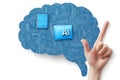 Blue brain illustration embedded AI circuits pointing hand symbolizing advanced neural technology artificial intelligence