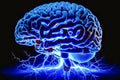 Blue brain with lightning coming out of it. Generative AI Royalty Free Stock Photo