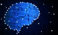 Blue brain shape with circuit board texture in front of computer Royalty Free Stock Photo