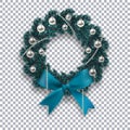 A blue branch of spruce in the form of a Christmas wreath with shadow and snowflakes. Blue bow, silver balls and beads Royalty Free Stock Photo