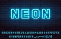 Blue bright bold nice attractive neon font set. collection of vector letters numerals signs symbols icons.