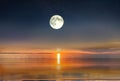 Blue bright starry sky on pink yellow sunset at sea water vawe reflection blurred light full moon moonlight  skyline  nebula natur Royalty Free Stock Photo