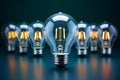 Blue brilliance Energy saving lamp flanked by incandescent bulbs in row Royalty Free Stock Photo