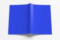 Blue brochure or booklet cover mock up on white. Brochure is open and upside down. Isolated with clipping path around brochure. Royalty Free Stock Photo