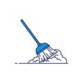 Blue broom sweeping a pile of dust on a clean white floor Royalty Free Stock Photo