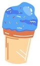 Blue and brown cream in a beige cone with colorful sprinkles. Delicious summer treat concept. Sweet dessert and ice