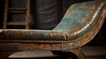 Rustic Vintage Twill Chaise Lounge With Authentic Blue Antique Leather