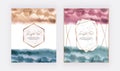 Blue, brown and pink brush stroke watercolor texture cards with geometric frames. Modern hand painting template for wedding invita Royalty Free Stock Photo