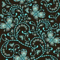 Blue and brown seamless pattern with butterflies and hearts. Decorative ornament backdrop for fabric, textile Royalty Free Stock Photo
