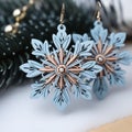 Blue And Brown Snowflake Earrings With Pine Tree Design