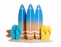 Blue and Brown Surfboards with Flip Flops on Sand Royalty Free Stock Photo