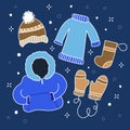 Blue and Brown Winter Clothing isolate on navy background.