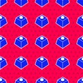Blue Brownie chocolate cake icon isolated seamless pattern on red background. Vector Royalty Free Stock Photo