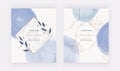 Blue brush stroke watercolor cards with marble geometric frames, lines and leaves.