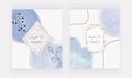 Blue brush stroke watercolor cards with marble geometric frames, lines and leaves.