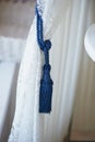 Blue brush wings on a white lace curtain. The ease and tenderness Royalty Free Stock Photo