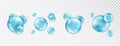 Blue Bubble Collection. Transparent soap or water bubbles. Realistic vector blue pure drops, water bubbles or glass