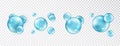 Blue Bubble Collection. Transparent soap or water bubbles. Realistic vector blue pure drops, water bubbles or glass balls template