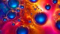 Blue bubbles and drops on crimson surface, abstract bright liquid colorful background