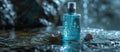 Blue bubbles and parfume glass bottle on abstract background. Suitable for beverages, cosmetics, healthcare concepts. Vector Royalty Free Stock Photo