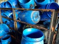 Blue bucket. Chemical tanks used in factories.