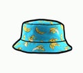 blue bucket hat with banana motif illustration with white background