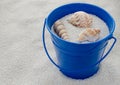 Blue Bucket of Sand and Sea Shells Royalty Free Stock Photo