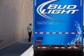 Blue Bud light delivery truck on the street in San Francisco. Royalty Free Stock Photo