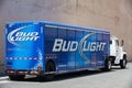 Blue Bud light delivery truck on the street in San Francisco.