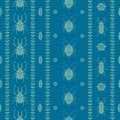 Blue bug seamless pattern. Striped vector texture with different bugs and florals.