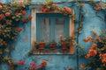 A blue building adorned with blooming flowers growing on its exterior walls Royalty Free Stock Photo