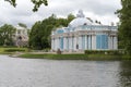Blue building near a large pond in Pushkin.