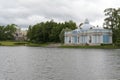 Blue building near a large pond in Pushkin.