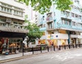 Blue buildings and unique shops in central Hong Kong Street view