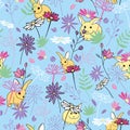 Blue bunnies with wildflowers background pattern. Happy Easter. Vector pattern.