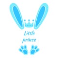 Blue bunny ears and feet with crown and words Little Prince. Design elements for boys t-shirt, baby shower, greeting