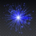 Blue burst on transparent background with sparkles and bokeh. Blue star glow effect. Magic burst for cads, invitations