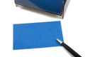 Blue Business (blank) card on White with pen. Royalty Free Stock Photo